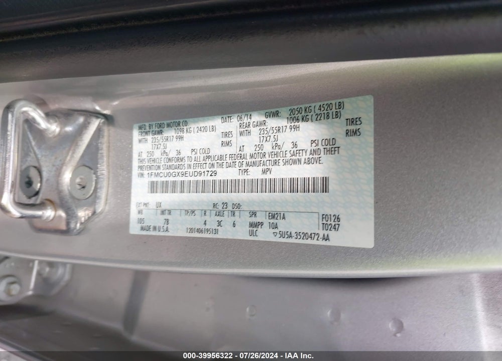 2014 FORD ESCAPE SE VIN: 1FMCU0GX9EUD91729