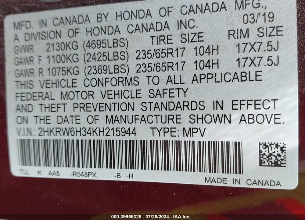 2019 HONDA CR-V LX VIN: 2HKRW6H34KH215944