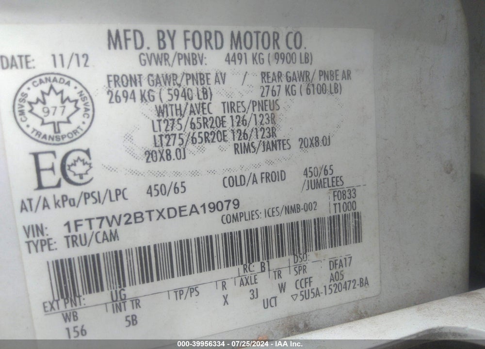 2013 FORD F-250 LARIAT VIN: 1FT7W2BTXDEA19079