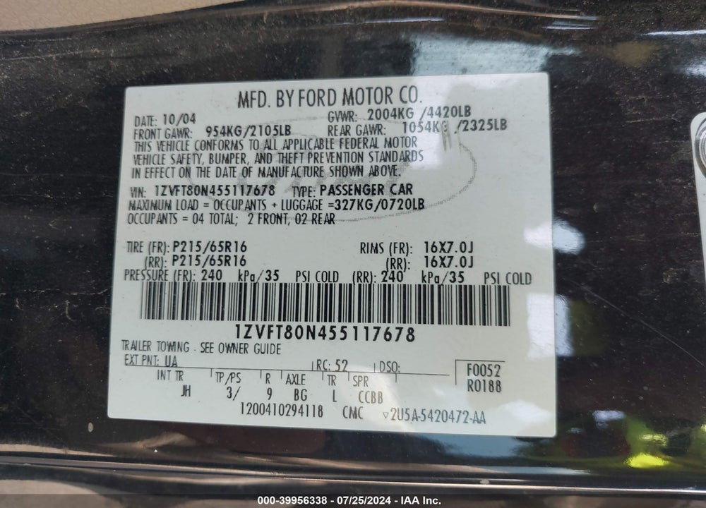 2005 FORD MUSTANG V6 DELUXE/V6 PREMIUM VIN: 1ZVFT80N455117678