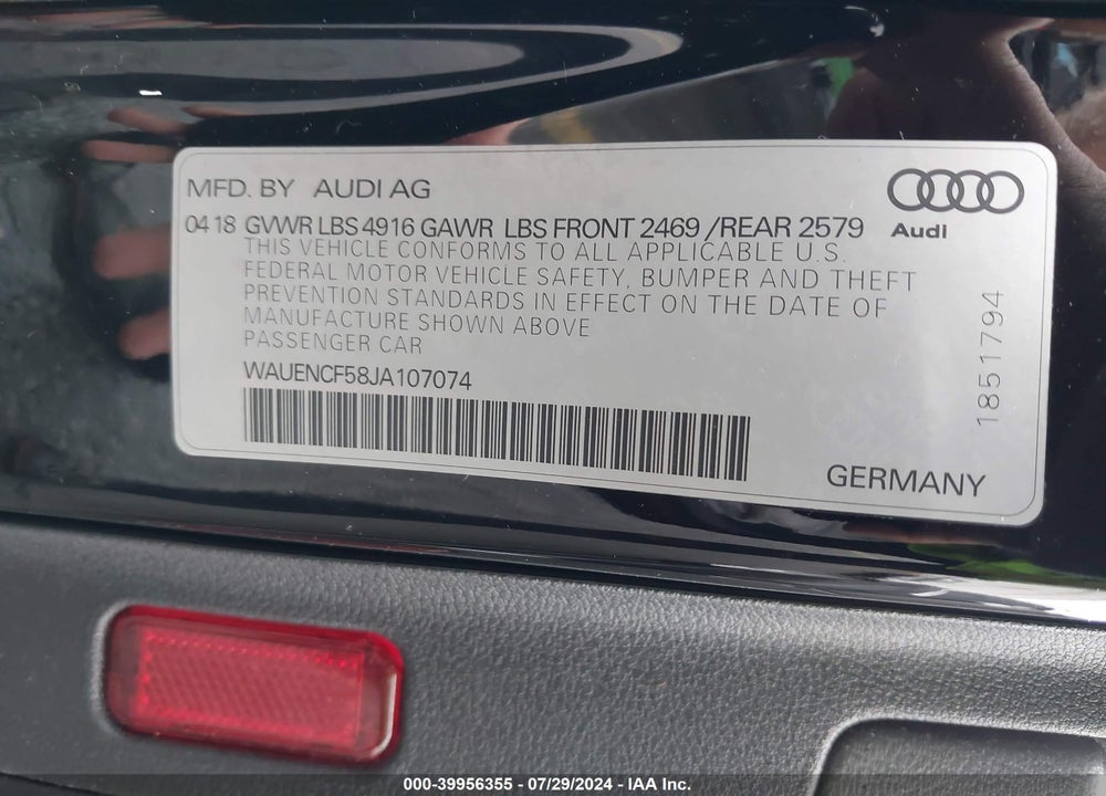 2018 AUDI A5 2.0T PREMIUM VIN: WAUENCF58JA107074