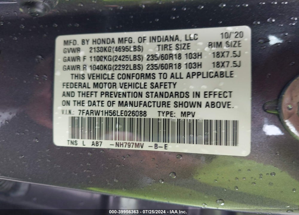 2020 HONDA CR-V 2WD EX VIN: 7FARW1H56LE026088