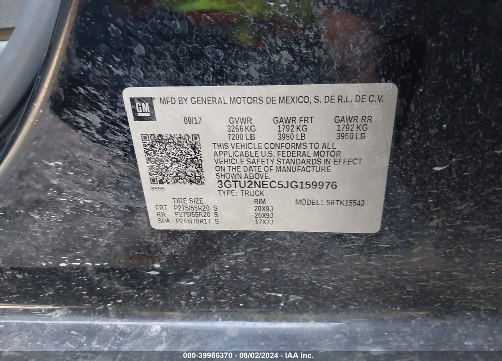 2018 GMC SIERRA 1500 SLT VIN: 3GTU2NEC5JG159976