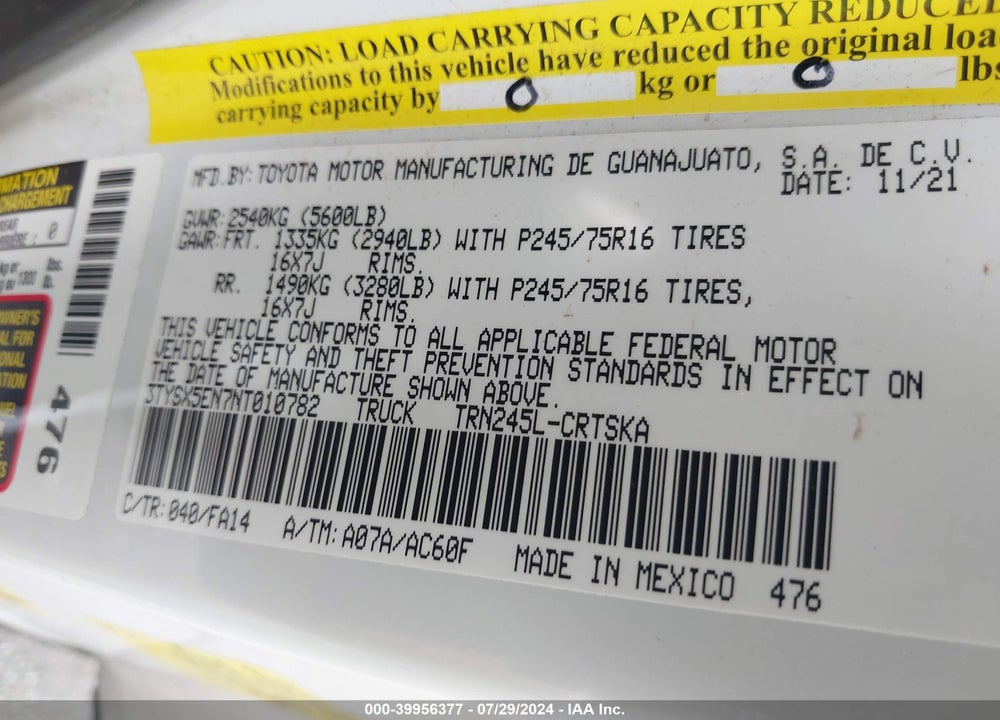 2022 TOYOTA TACOMA SR/SR5 VIN: 3TYSX5EN7NT010782
