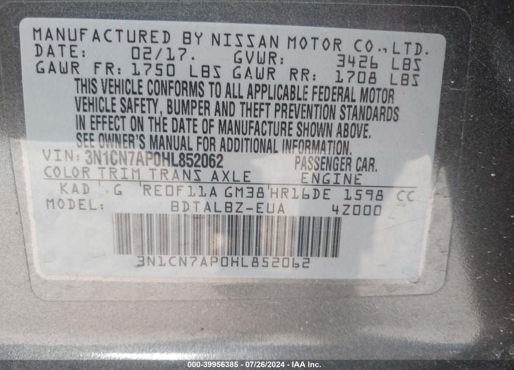 2017 NISSAN VERSA 1.6 SV VIN: 3N1CN7AP0HL852062