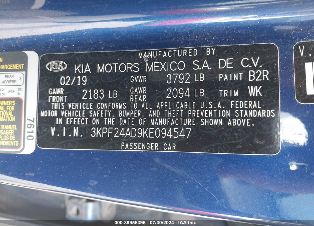 2019 KIA FORTE LXS VIN: 3KPF24AD9KE094547
