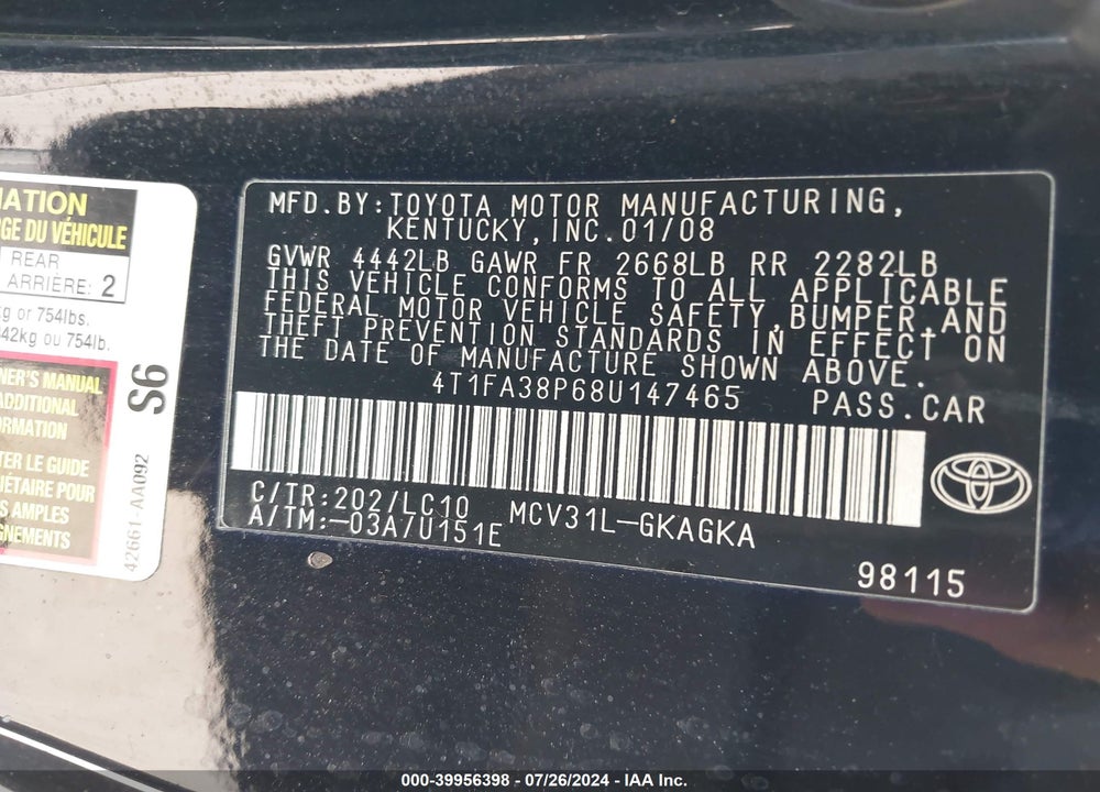 2008 TOYOTA CAMRY SOLARA SE/SLE/SPORT VIN: 4T1FA38P68U147465