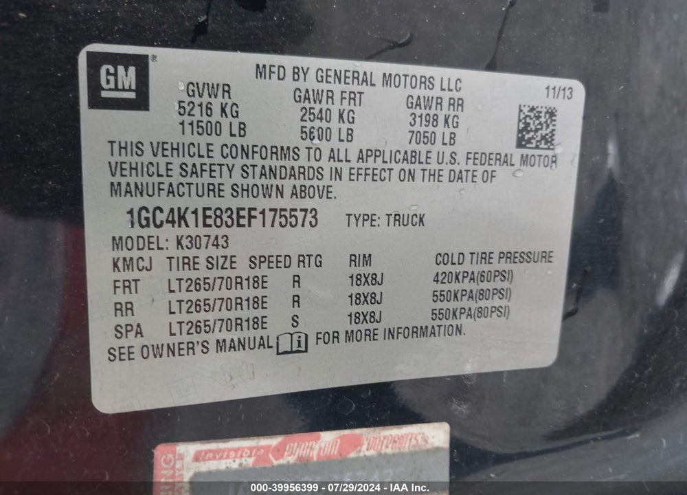 2014 CHEVROLET SILVERADO 3500HD LTZ VIN: 1GC4K1E83EF175573
