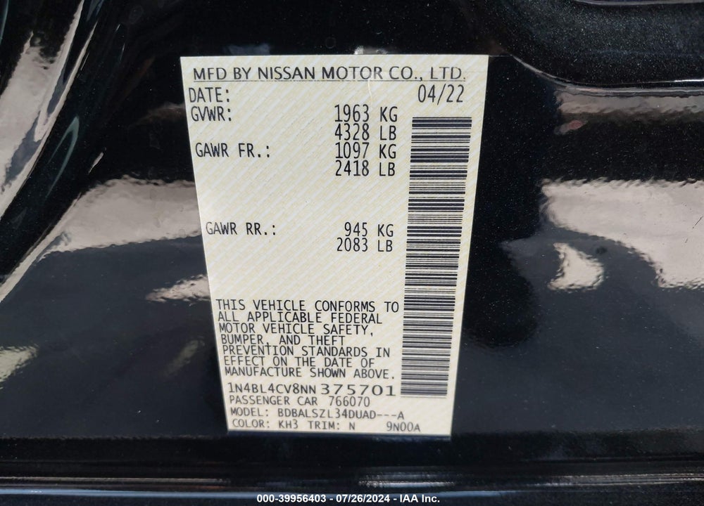 2022 NISSAN ALTIMA SR FWD VIN: 1N4BL4CV8NN375701
