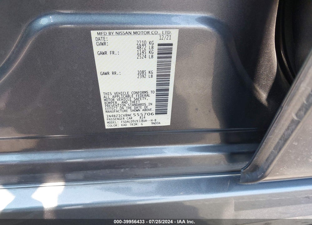2022 NISSAN LEAF SV PLUS 62 KWH VIN: 1N4BZ1CV8NC555706