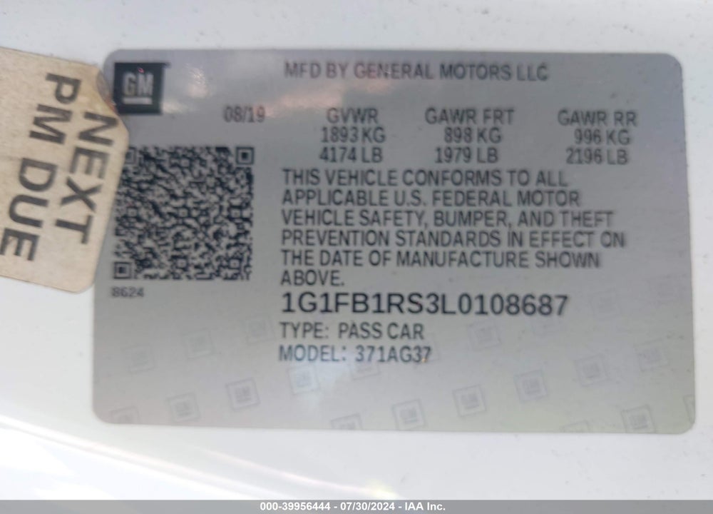2020 CHEVROLET CAMARO RWD 1LT VIN: 1G1FB1RS3L0108687