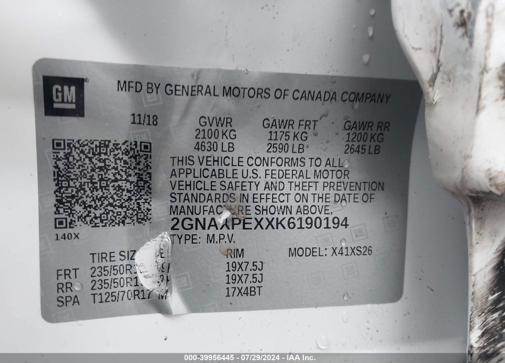 2019 CHEVROLET EQUINOX PREMIER VIN: 2GNAXPEXXK6190194