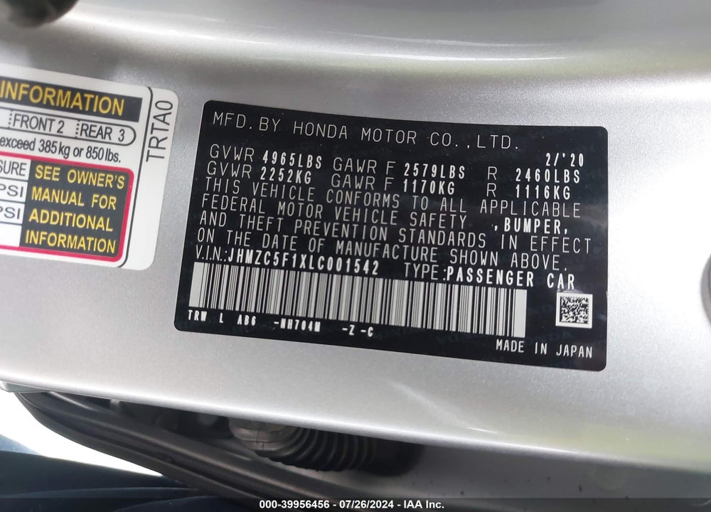 2020 HONDA CLARITY PLUG-IN HYBRID VIN: JHMZC5F1XLC001542
