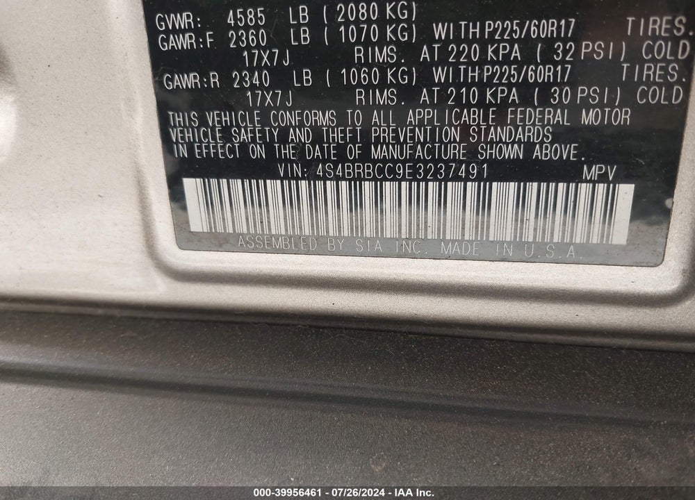 2014 SUBARU OUTBACK 2.5I PREMIUM VIN: 4S4BRBCC9E3237491