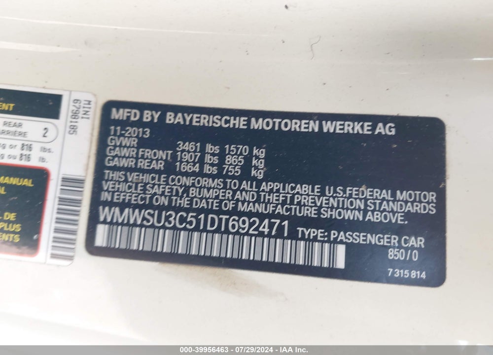 2013 MINI HARDTOP COOPER VIN: WMWSU3C51DT692471