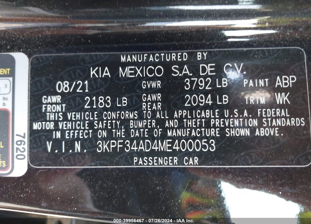 2021 KIA FORTE GT LINE VIN: 3KPF34AD4ME400053