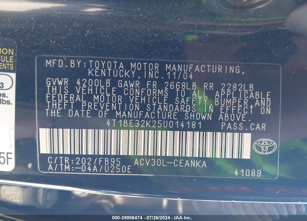 2005 TOYOTA CAMRY LE/SE/STD/XLE VIN: 4T1BE32K25U014181