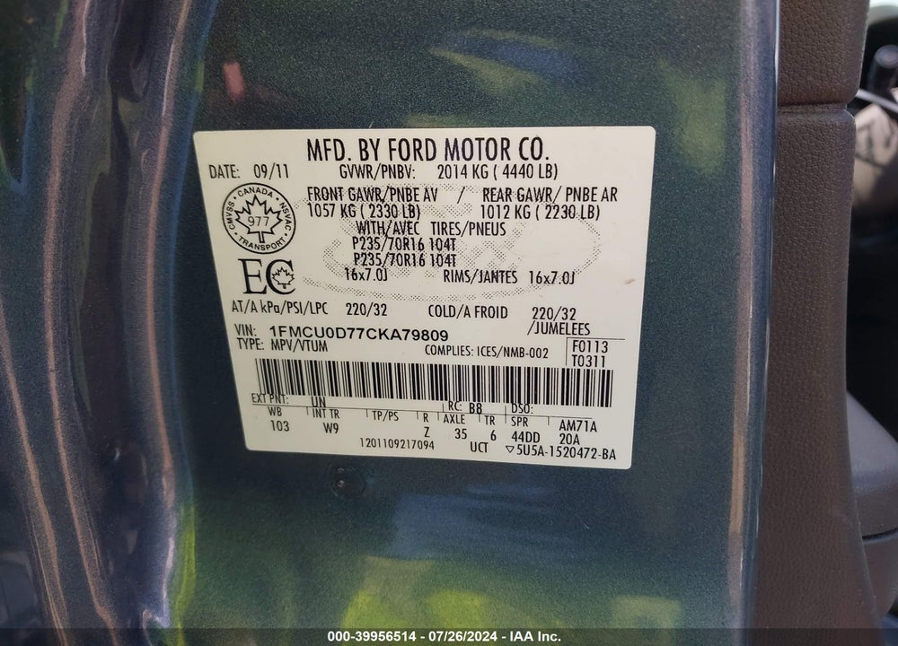 2012 FORD ESCAPE XLT VIN: 1FMCU0D77CKA79809