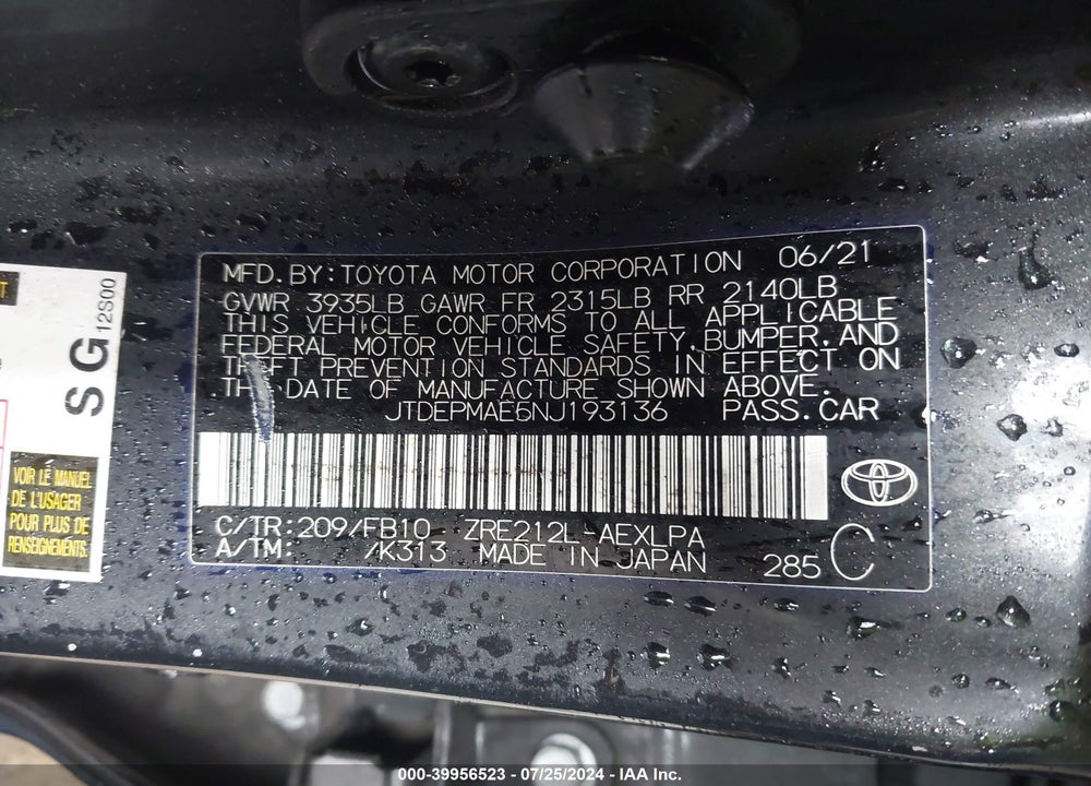 2022 TOYOTA COROLLA LE VIN: JTDEPMAE5NJ193136