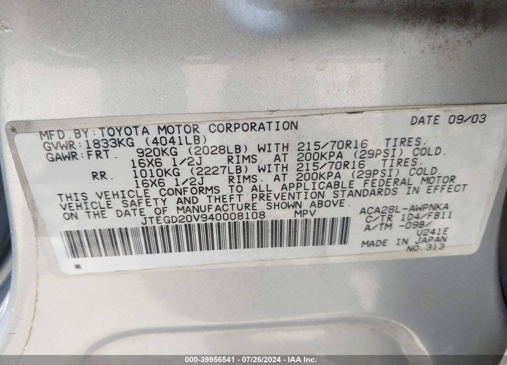2004 TOYOTA RAV4 VIN: JTEGD20V940008108