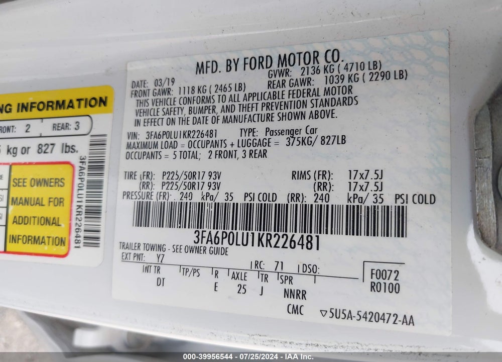 2019 FORD FUSION HYBRID SE VIN: 3FA6P0LU1KR226481