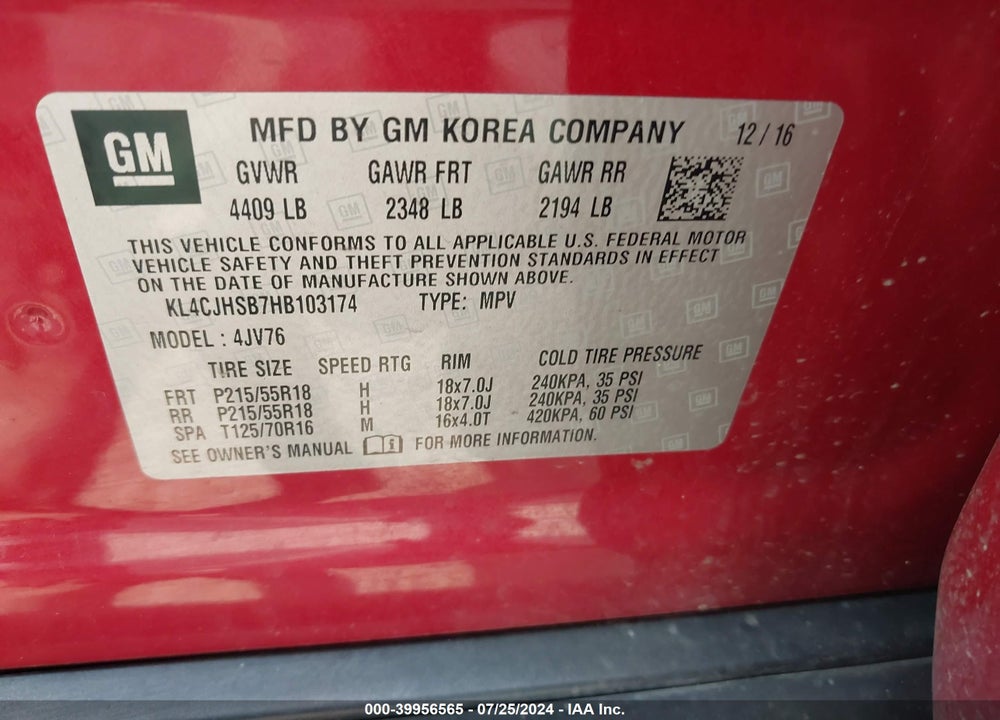 2017 BUICK ENCORE PREMIUM VIN: KL4CJHSB7HB103174