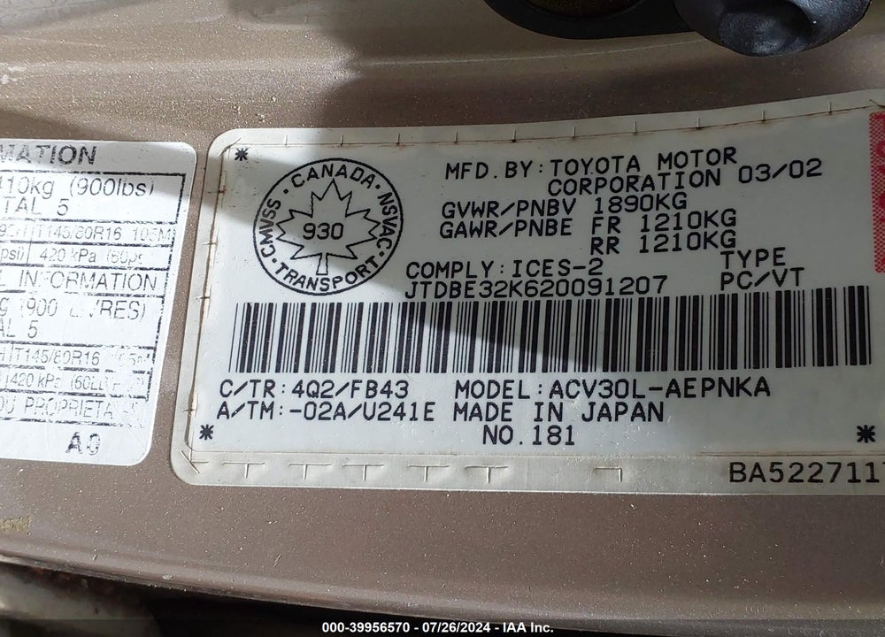 2002 TOYOTA CAMRY LE/SE/XLE VIN: JTDBE32K620091207