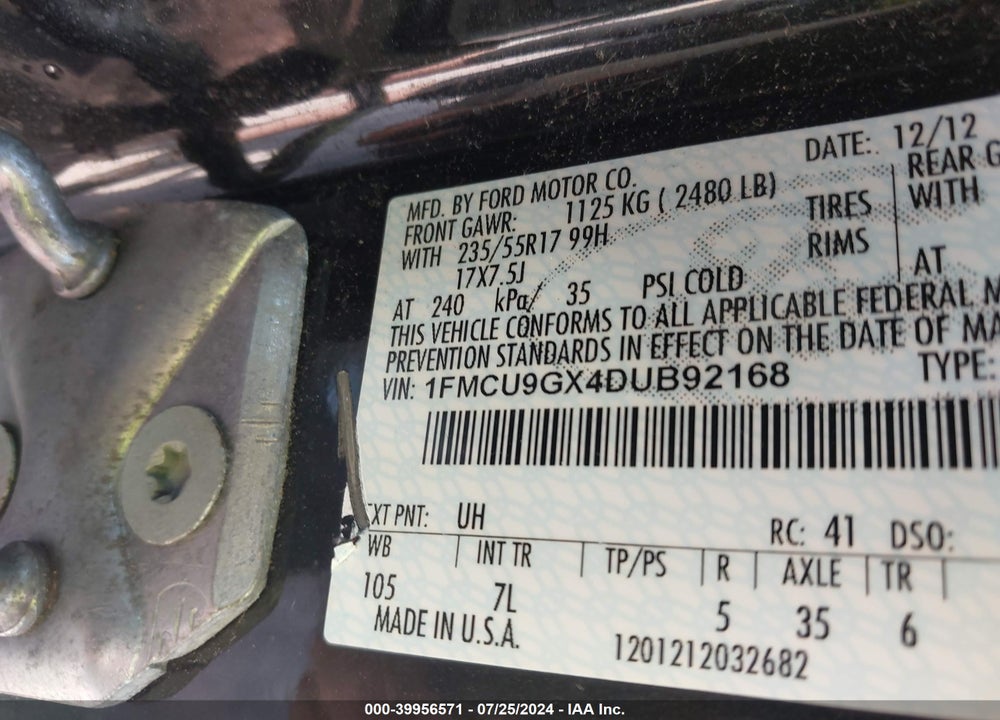 2013 FORD ESCAPE SE VIN: 1FMCU9GX4DUB92168