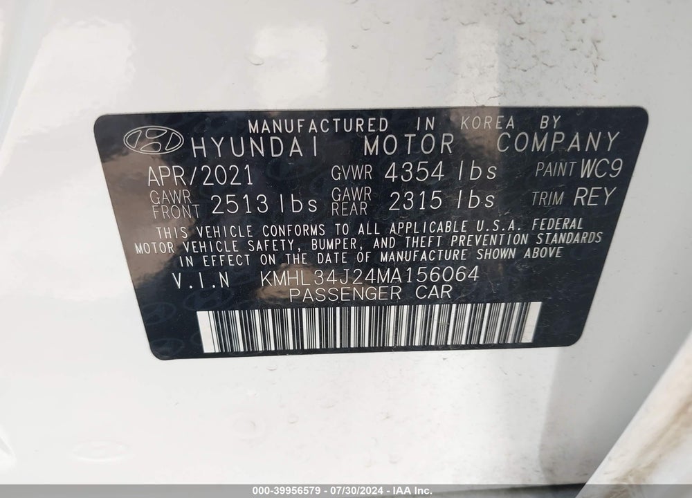 2021 HYUNDAI SONATA LIMITED VIN: KMHL34J24MA156064