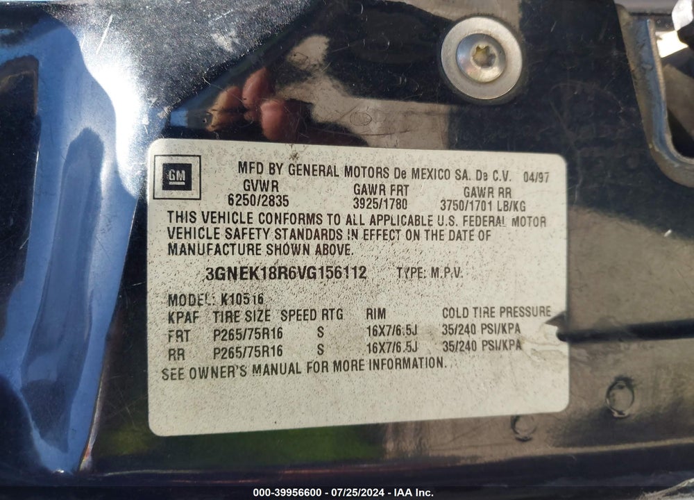 1997 CHEVROLET TAHOE VIN: 3GNEK18R6VG156112