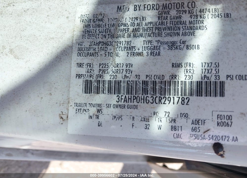 2012 FORD FUSION SE VIN: 3FAHP0HG3CR291782