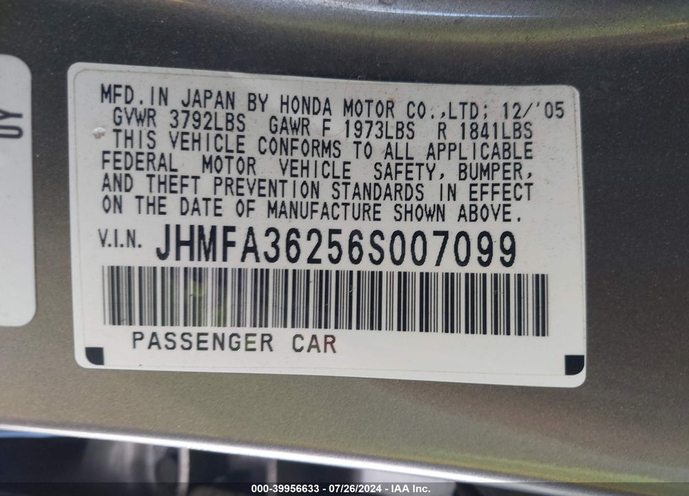 2006 HONDA CIVIC HYBRID VIN: JHMFA36256S007099