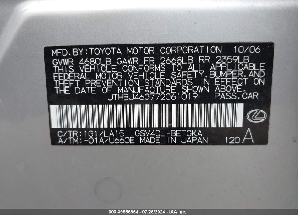 2007 LEXUS ES 350 VIN: JTHBJ46G772061019