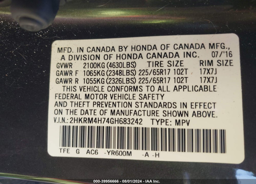 2016 HONDA CR-V EX-L VIN: 2HKRM4H74GH683242