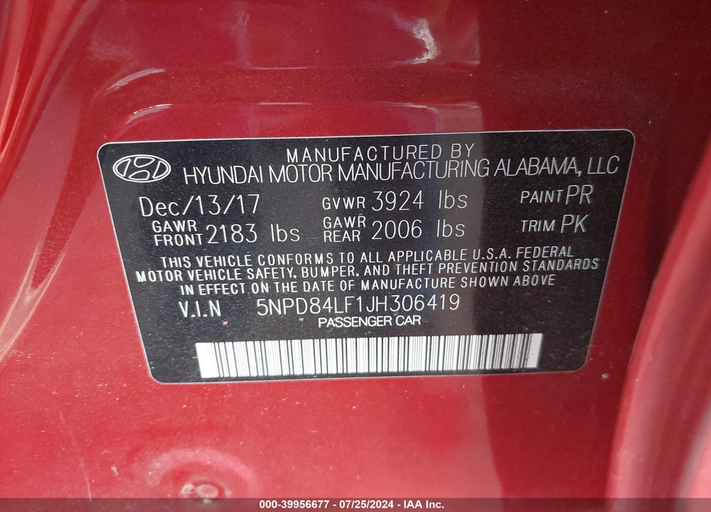2018 HYUNDAI ELANTRA SEL VIN: 5NPD84LF1JH306419