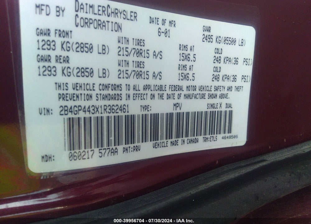 2001 DODGE GRAND CARAVAN SPORT VIN: 2B4GP443X1R362461