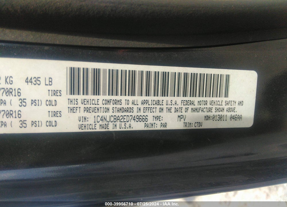 2014 JEEP COMPASS SPORT VIN: 1C4NJCBA2ED749666