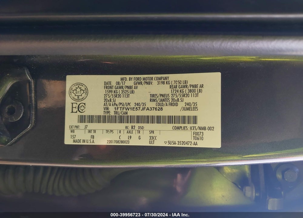 2018 FORD F-150 XLT VIN: 1FTFW1E57JFA37628