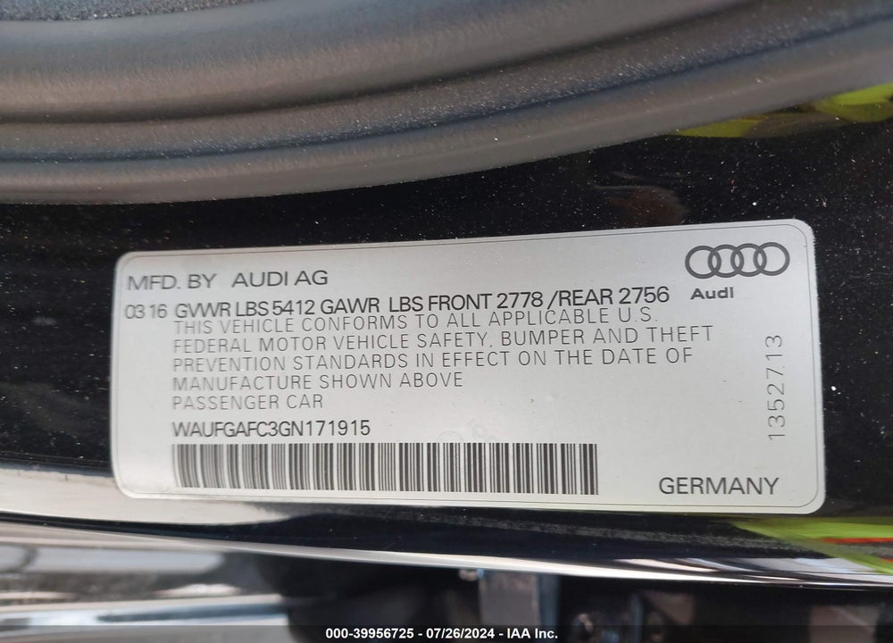 2016 AUDI A6 3.0T PREMIUM PLUS VIN: WAUFGAFC3GN171915