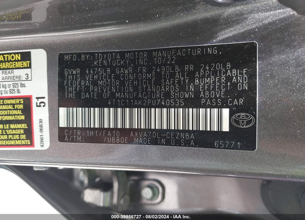 2023 TOYOTA CAMRY LE VIN: 4T1C11AK2PU740535