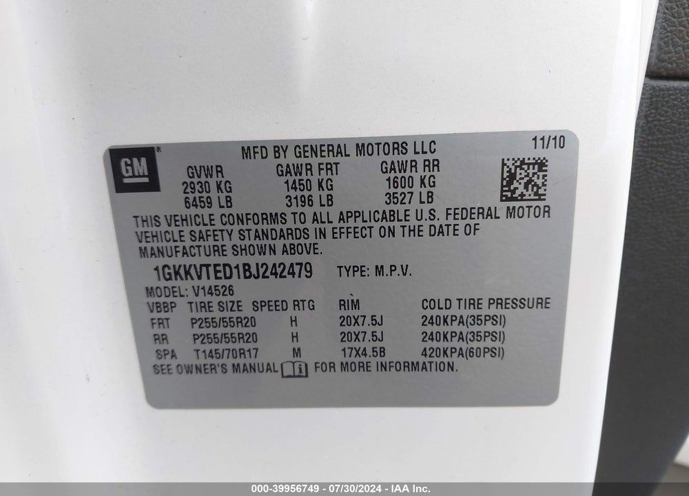 2011 GMC ACADIA DENALI VIN: 1GKKVTED1BJ242479