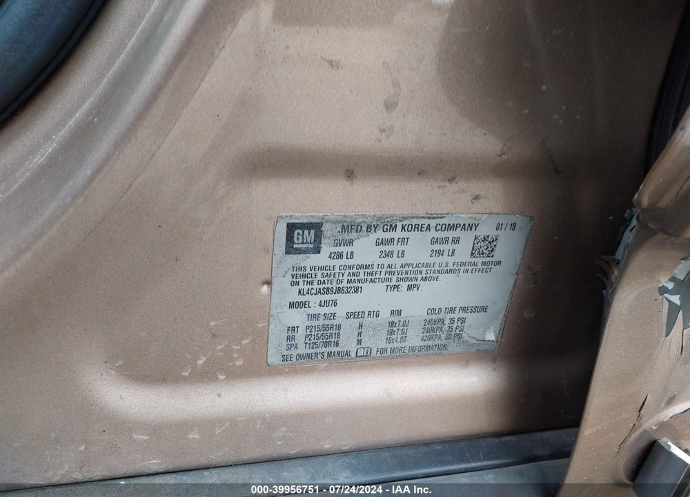 2018 BUICK ENCORE PREFERRED VIN: KL4CJASB9JB632381