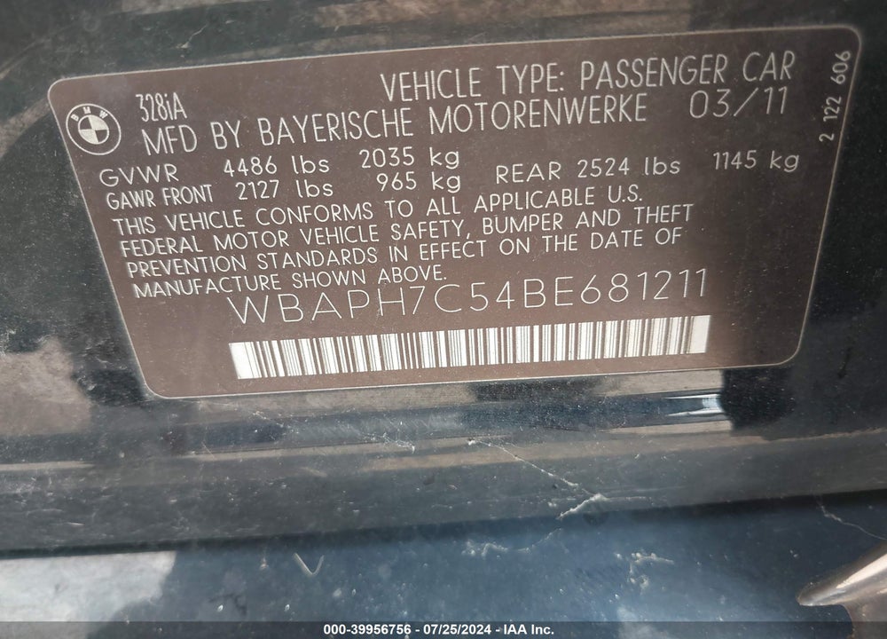 2011 BMW 328I VIN: WBAPH7C54BE681211