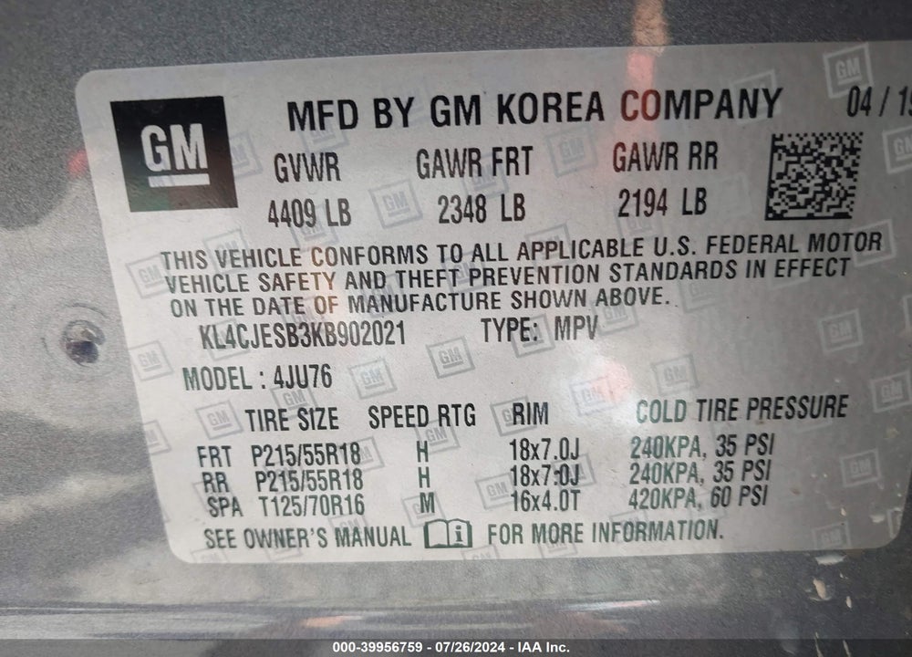 2019 BUICK ENCORE AWD PREFERRED VIN: KL4CJESB3KB902021