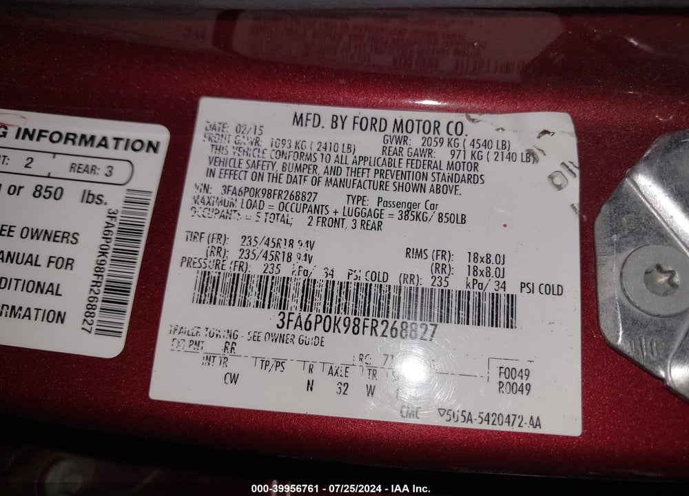 2015 FORD FUSION TITANIUM VIN: 3FA6P0K98FR268827