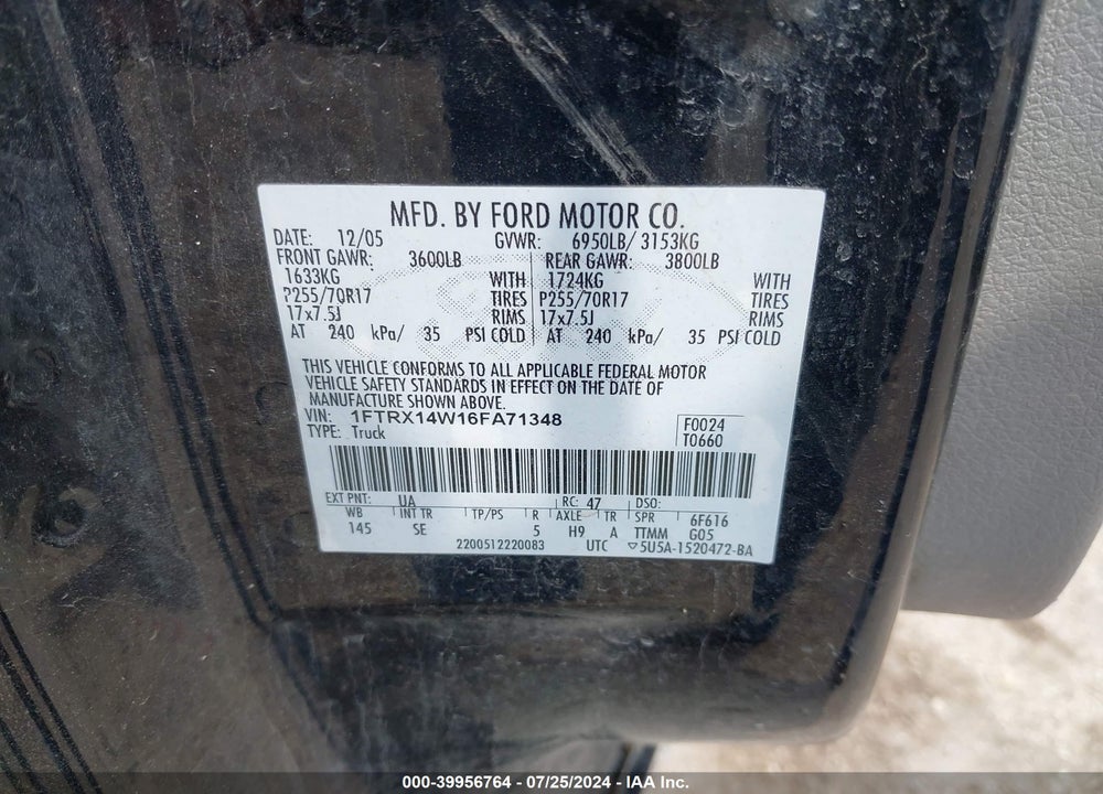 2006 FORD F-150 STX/XL/XLT VIN: 1FTRX14W16FA71348