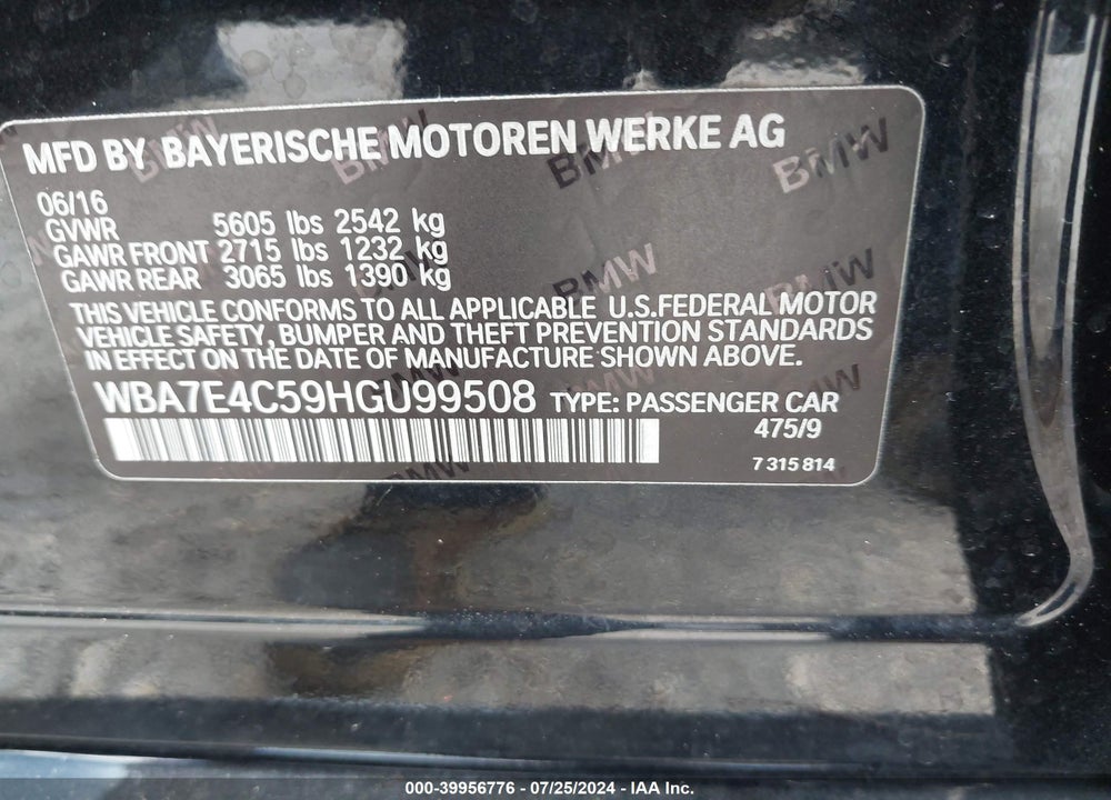 2017 BMW 740I XDRIVE VIN: WBA7E4C59HGU99508