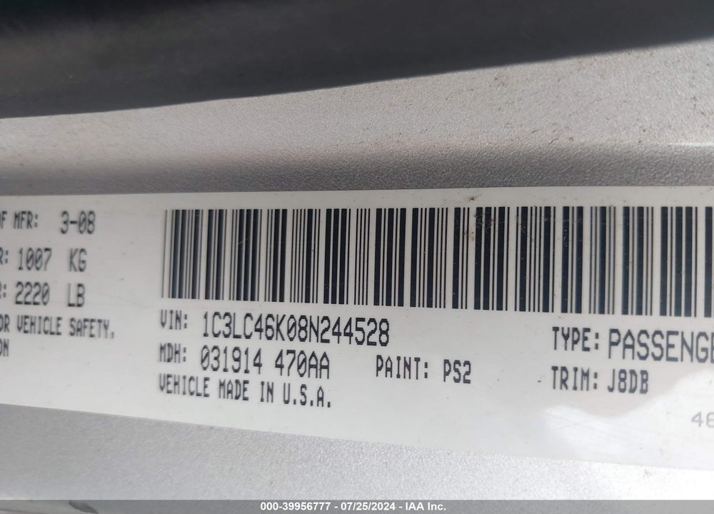2008 CHRYSLER SEBRING LX VIN: 1C3LC46K08N244528