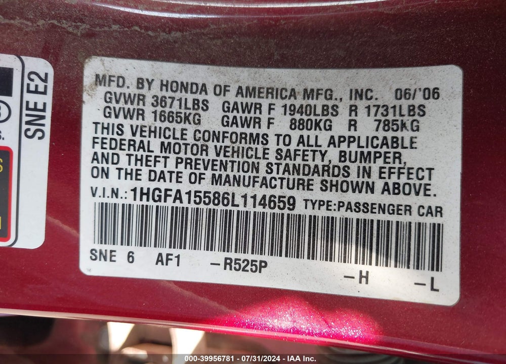 2006 HONDA CIVIC LX VIN: 1HGFA15586L114659