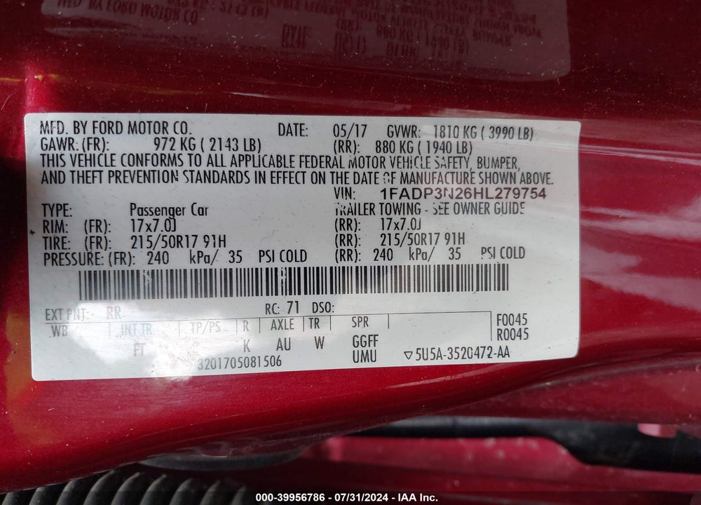 2017 FORD FOCUS TITANIUM VIN: 1FADP3N26HL279754